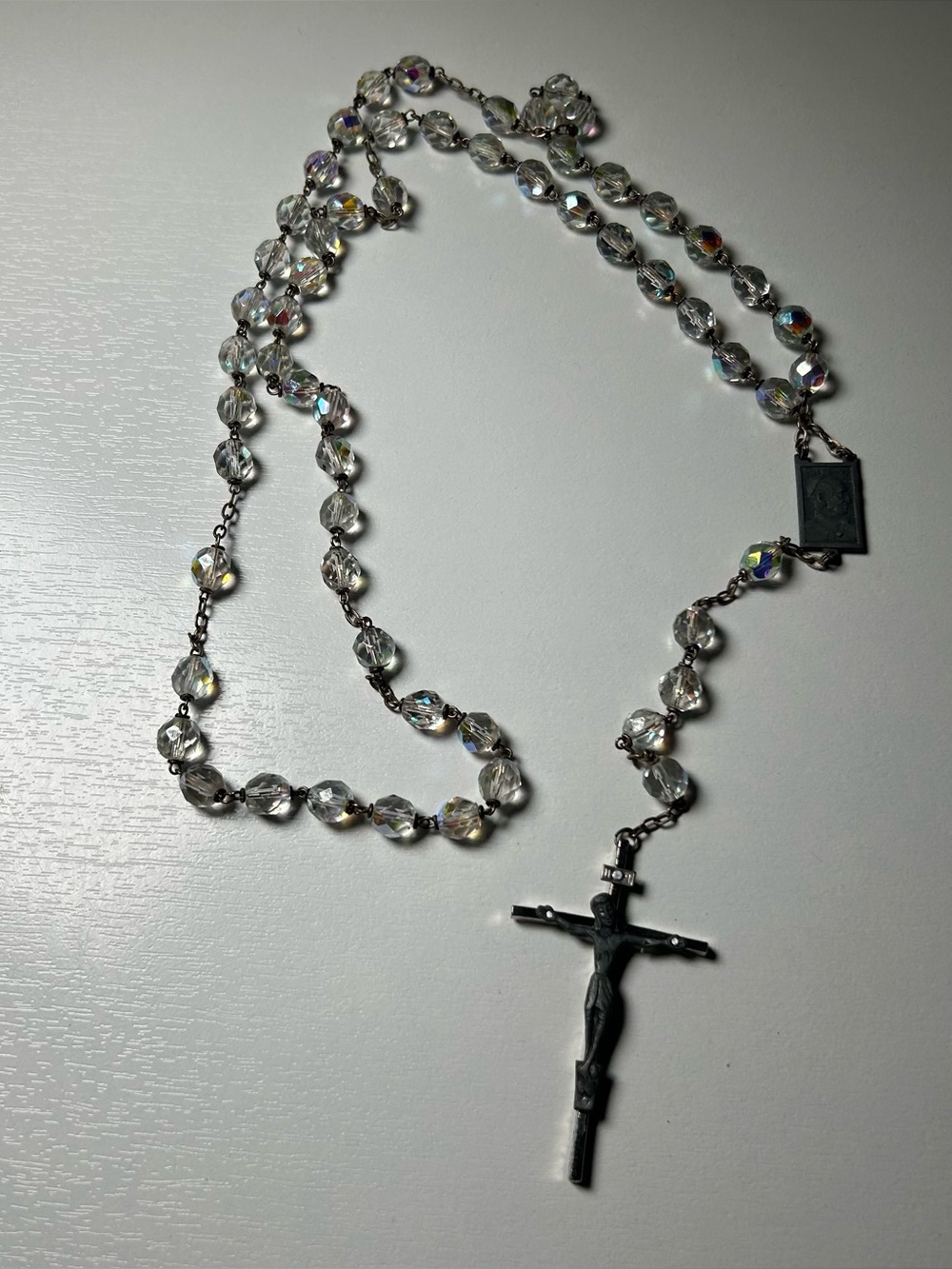 Vintage Catholic Rosary Aurora Borealis Crystal Beads Pope Paul VI Crucifix